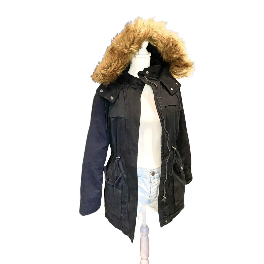 Women’s MED Black Aeropostale Puffer Hooded Jacket Faux Fur Trim Lined Zip Snap